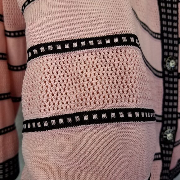 Misook Cardigan Women's L Ribbed Mesh Long Sleeve Button Front Pink Black Stripe - Picture 6 of 12